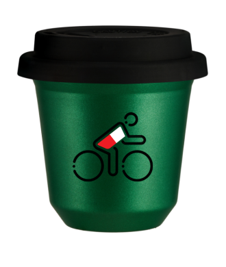 Tasse 150 ml VERT MÉTALLIQUE "Cycliste aux couleurs polonaises", avec couvercle noir Tasse 150 ml VERT MÉTALLIQUE "Cycliste aux couleurs polonaises", avec couvercle noir