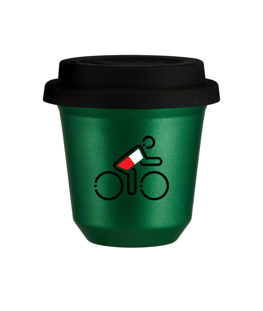 Tasse 150 ml VERT MÉTALLIQUE "Cycliste aux couleurs polonaises", avec couvercle noir