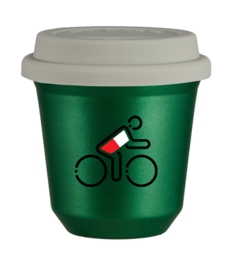 Tasse 150 ml VERT MÉTALLIQUE "Cycliste aux couleurs polonaises", avec couvercle blanc Tasse 150 ml VERT MÉTALLIQUE "Cycliste aux couleurs polonaises", avec couvercle blanc