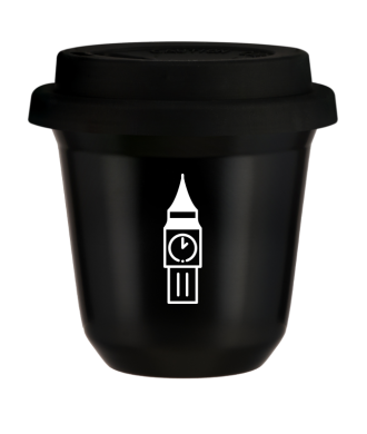 Tasse 80 ml NOIR "BIG BEN (blanc)", avec couvercle noir Tasse 80 ml NOIR "BIG BEN (blanc)", avec couvercle noir