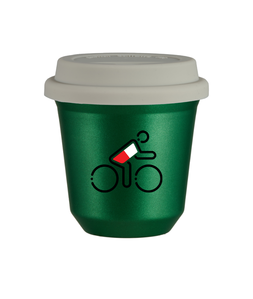 Tasse 150 ml VERT MÉTALLIQUE "Cycliste aux couleurs polonaises (noir)", avec couvercle blanc
