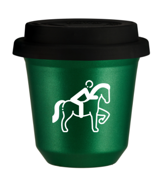 Tasse 150 ml VERT MÉTALLIQUE "Équitation 2 (blanc)", avec couvercle noir Tasse 150 ml VERT MÉTALLIQUE "Équitation 2 (blanc)", avec couvercle noir