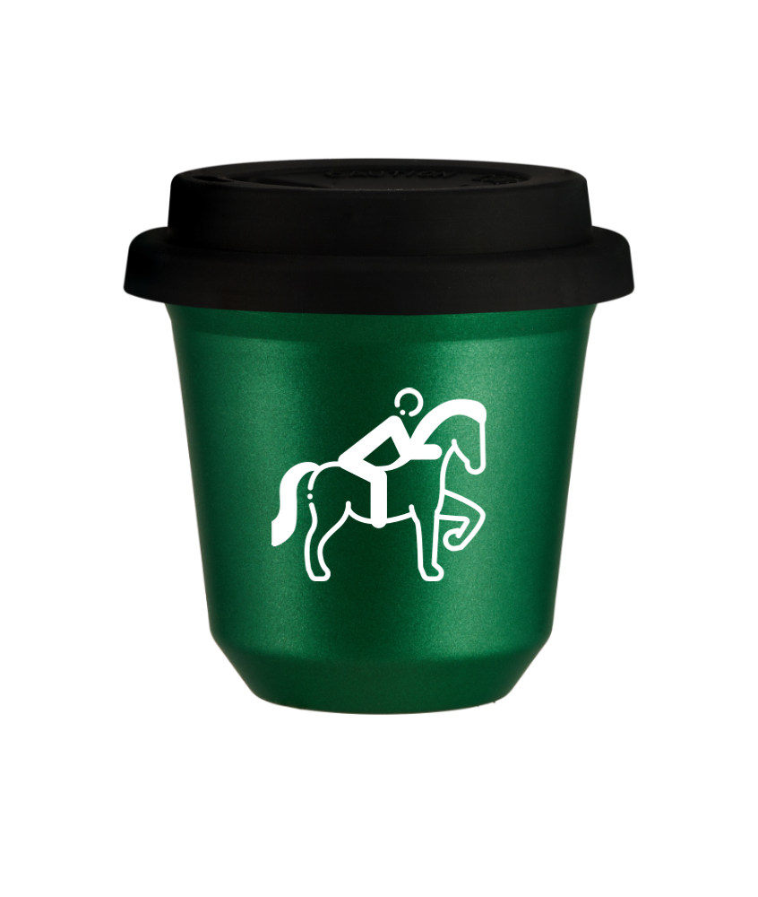 Tasse 150 ml VERT MÉTALLIQUE "Équitation 2 (blanc)", avec couvercle noir
