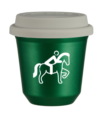 Tasse 150 ml VERT MÉTALLIQUE "Équitation 2 (blanc)", avec couvercle blanc Tasse 150 ml VERT MÉTALLIQUE "Équitation 2 (blanc)", avec couvercle blanc