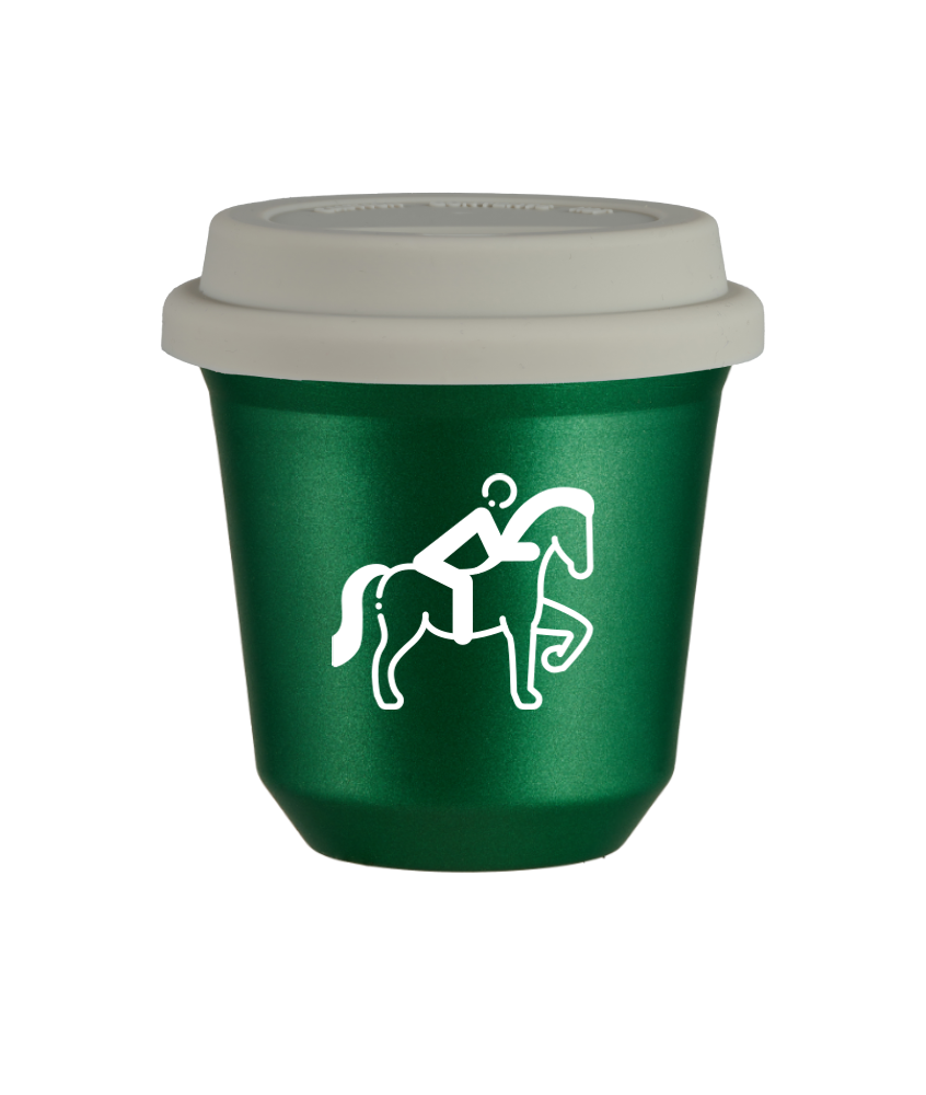 Tasse 150 ml VERT MÉTALLIQUE "Équitation 2 (blanc)", avec couvercle blanc
