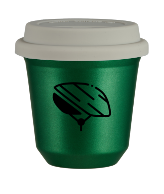 Tasse 150 ml VERT MÉTALLIQUE "Casque (noir)", avec couvercle blanc Tasse 150 ml VERT MÉTALLIQUE "Casque (noir)", avec couvercle blanc