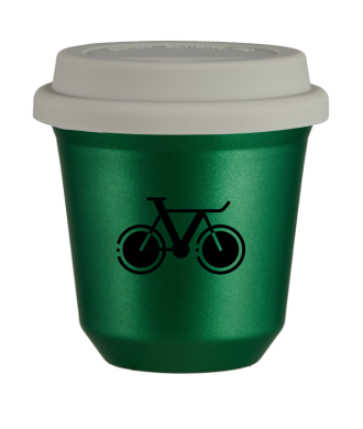 Tasse 150 ml VERT MÉTALLIQUE "Vélo 1", avec couvercle blanc Tasse 150 ml VERT MÉTALLIQUE "Vélo 1", avec couvercle blanc