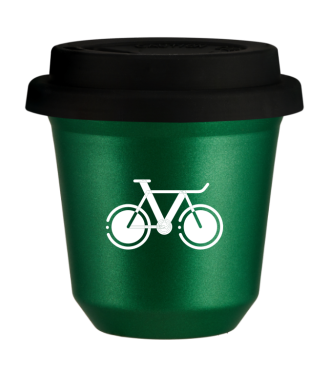 Tasse 150 ml VERT MÉTALLIQUE "Vélo 1 (blanc)", avec couvercle noir Tasse 150 ml VERT MÉTALLIQUE "Vélo 1 (blanc)", avec couvercle noir
