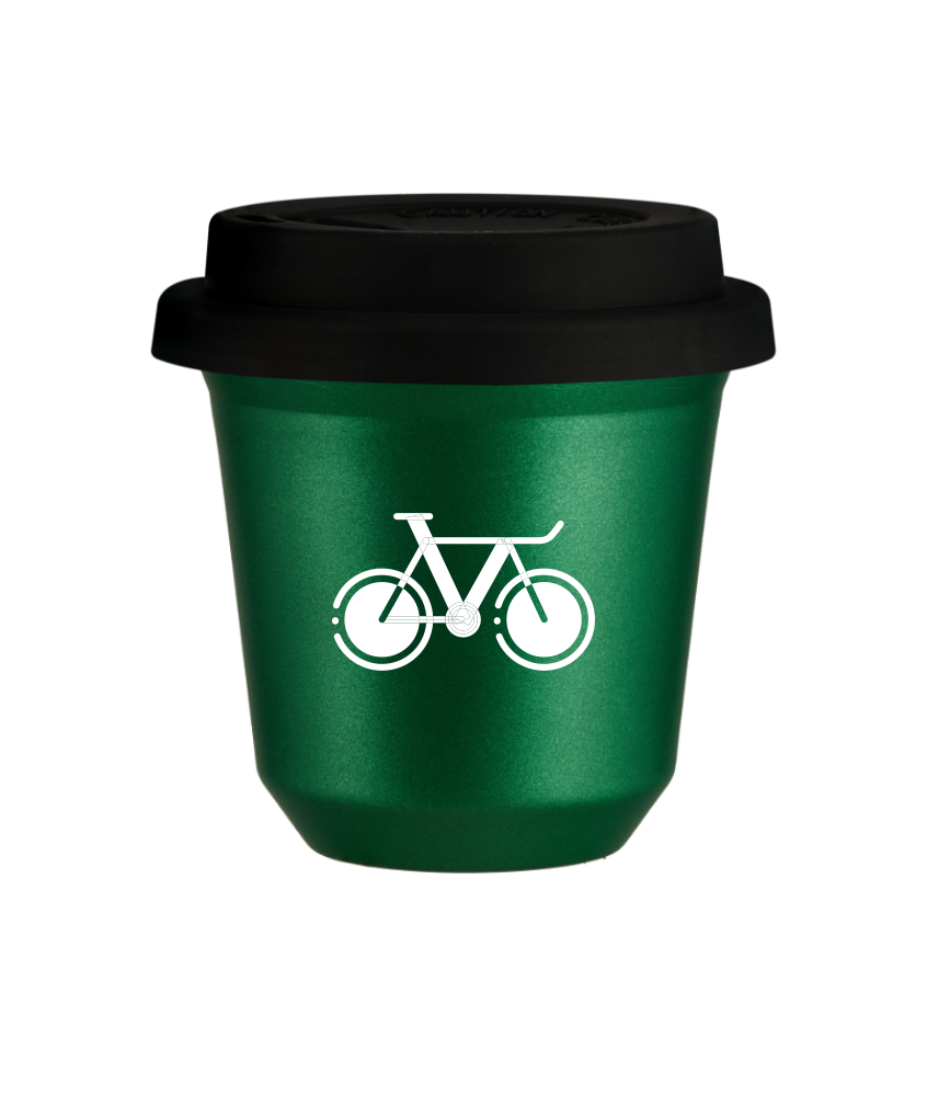 Tasse 150 ml VERT MÉTALLIQUE "Vélo 1 (blanc)", avec couvercle noir