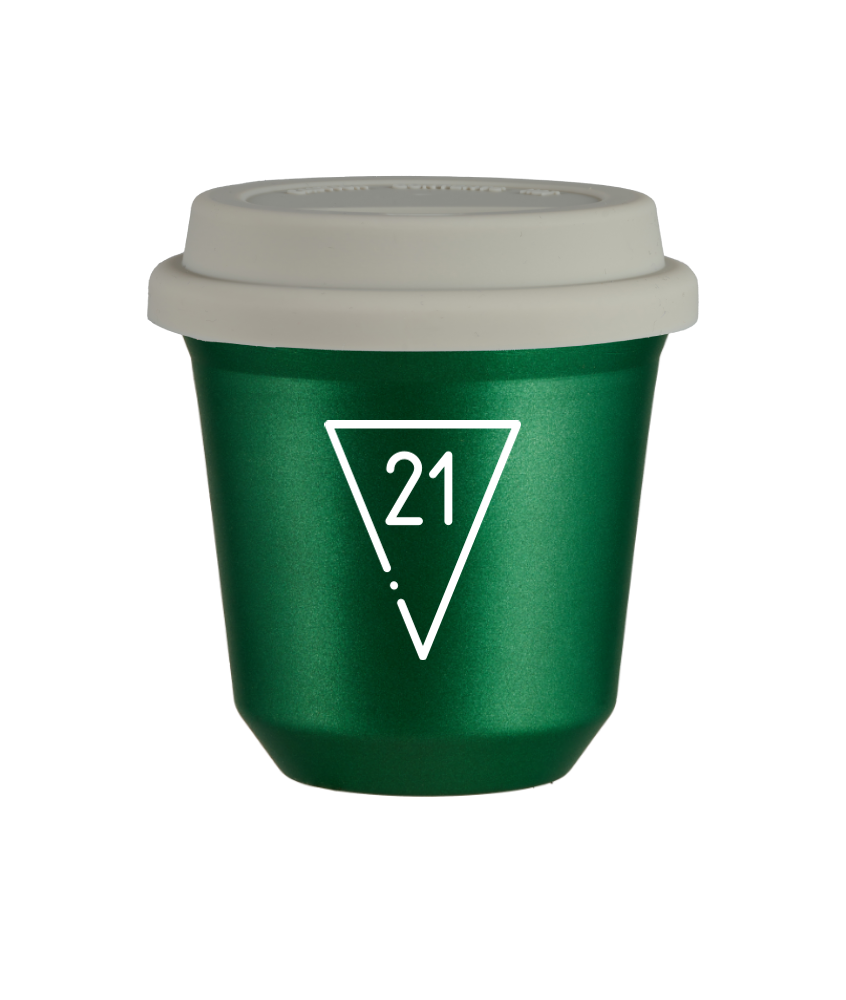 Tasse 150 ml VERT MÉTALLIQUE "21 (blanc)", avec couvercle blanc