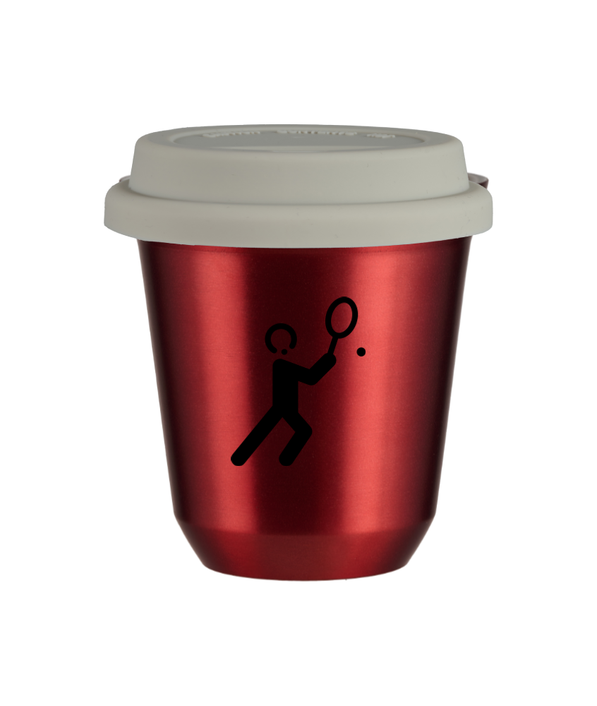 Tasse 150 ml ROUGE MÉTALLIQUE "Tennis 1 (noir)", avec couvercle blanc