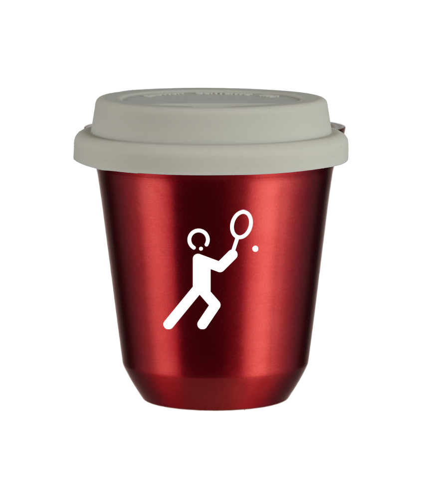 Tasse 150 ml ROUGE MÉTALLIQUE "Tennis 1 (blanc)", avec couvercle blanc