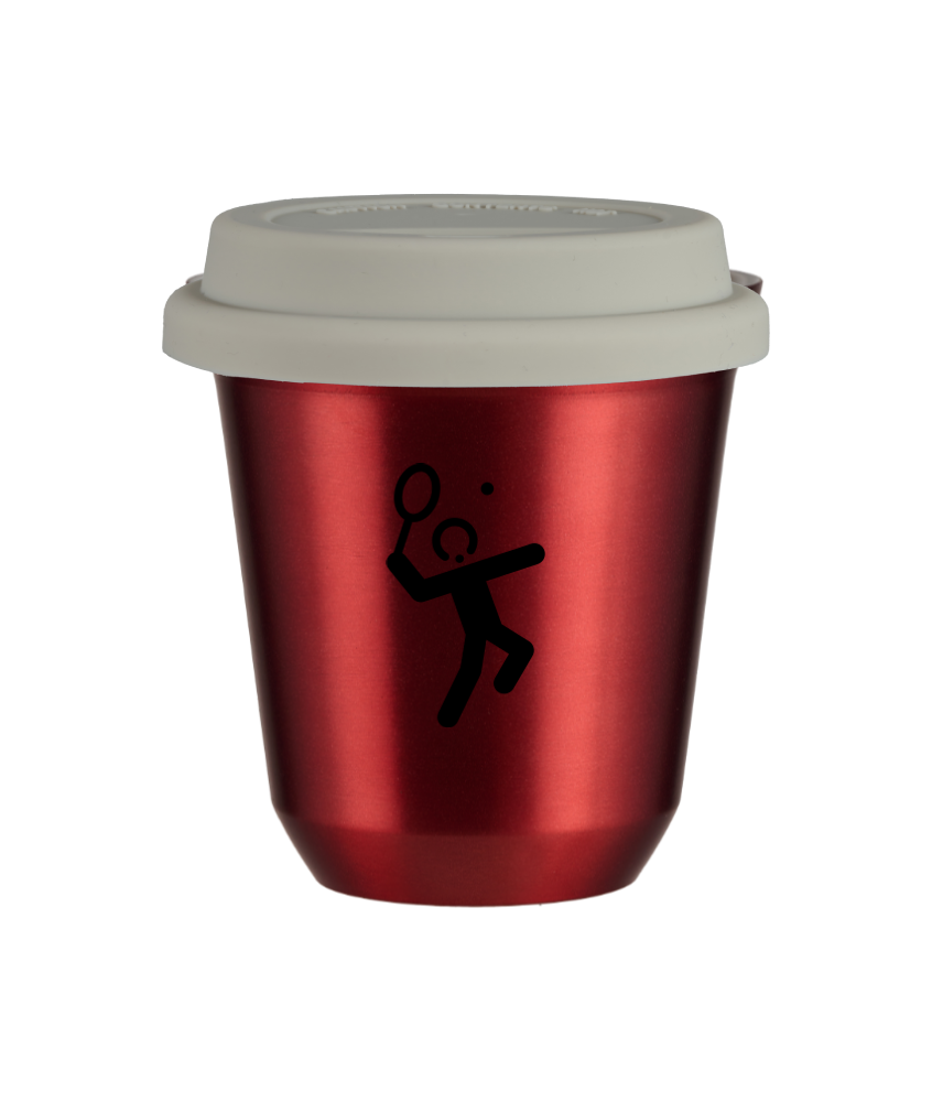 Tasse 150 ml ROUGE MÉTALLIQUE "Tennis 2", avec couvercle blanc