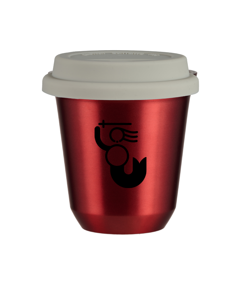 Tasse 150 ml ROUGE MÉTALLIQUE "WARSZAWSKA SYRENKA (noir)", avec couvercle blanc