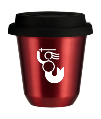 Tasse 150 ml ROUGE MÉTALLIQUE "WARSZAWSKA SYRENKA (blanc)", avec couvercle noir Tasse 150 ml ROUGE MÉTALLIQUE "WARSZAWSKA SYRENKA (blanc)", avec couvercle noir