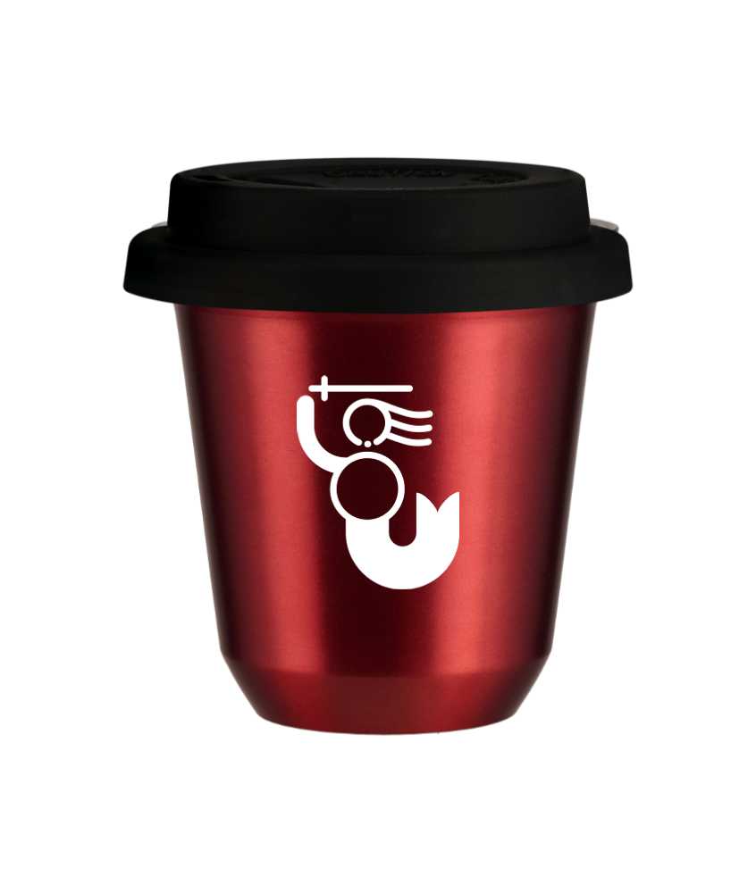 Tasse 150 ml ROUGE MÉTALLIQUE "WARSZAWSKA SYRENKA (blanc)", avec couvercle noir