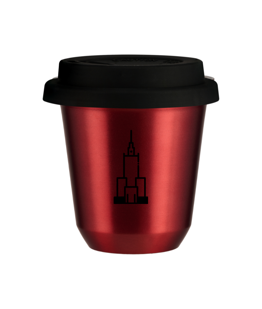 Tasse 150 ml ROUGE MÉTALLIQUE "Pałac kultury i nauki", avec couvercle noir