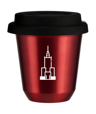 Tasse 150 ml ROUGE MÉTALLIQUE "Pałac kultury i nauki (blanc)", avec couvercle noir Tasse 150 ml ROUGE MÉTALLIQUE "Pałac kultury i nauki (blanc)", avec couvercle noir