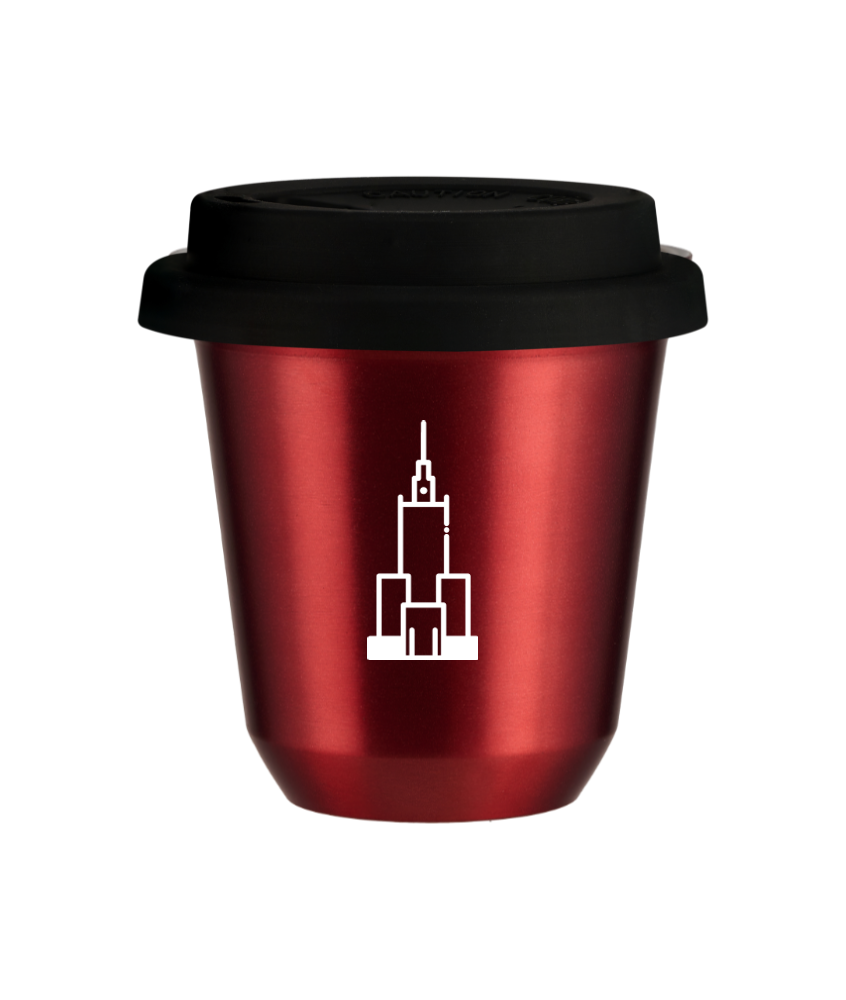 Tasse 150 ml ROUGE MÉTALLIQUE "Pałac kultury i nauki (blanc)", avec couvercle noir