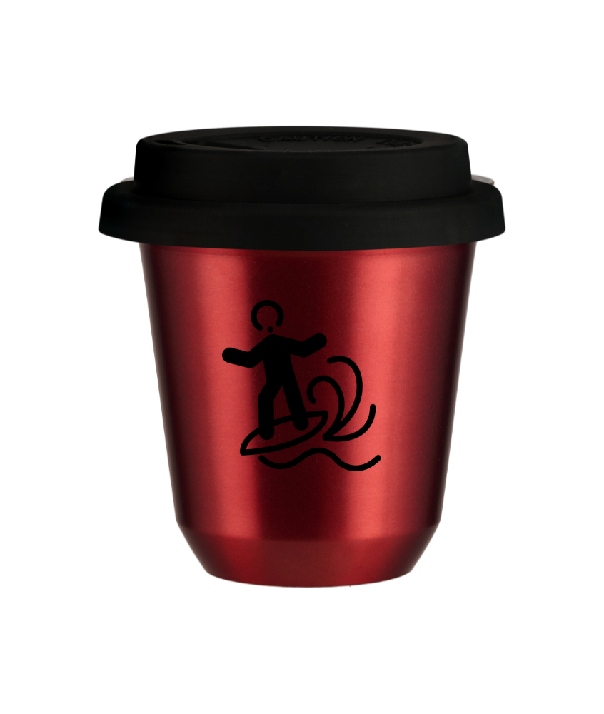 Tasse 150 ml ROUGE MÉTALLIQUE "Planche à voile (noir)", avec couvercle noir