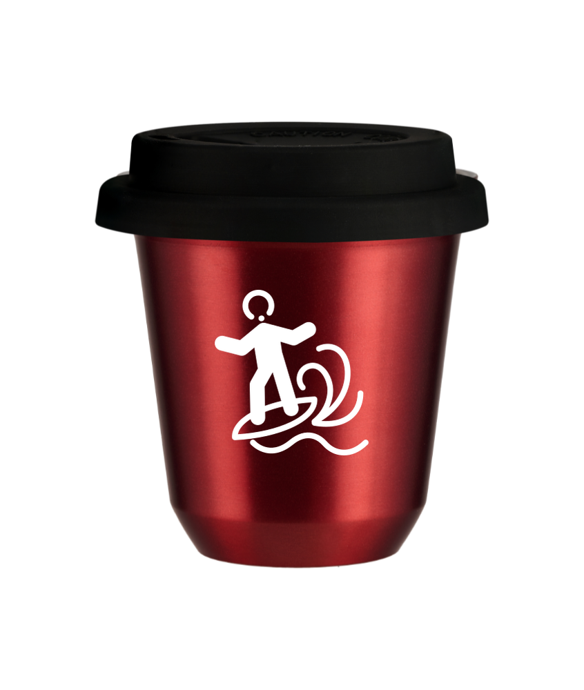 Tasse 150 ml ROUGE MÉTALLIQUE "Planche à voile (blanc)", avec couvercle noir