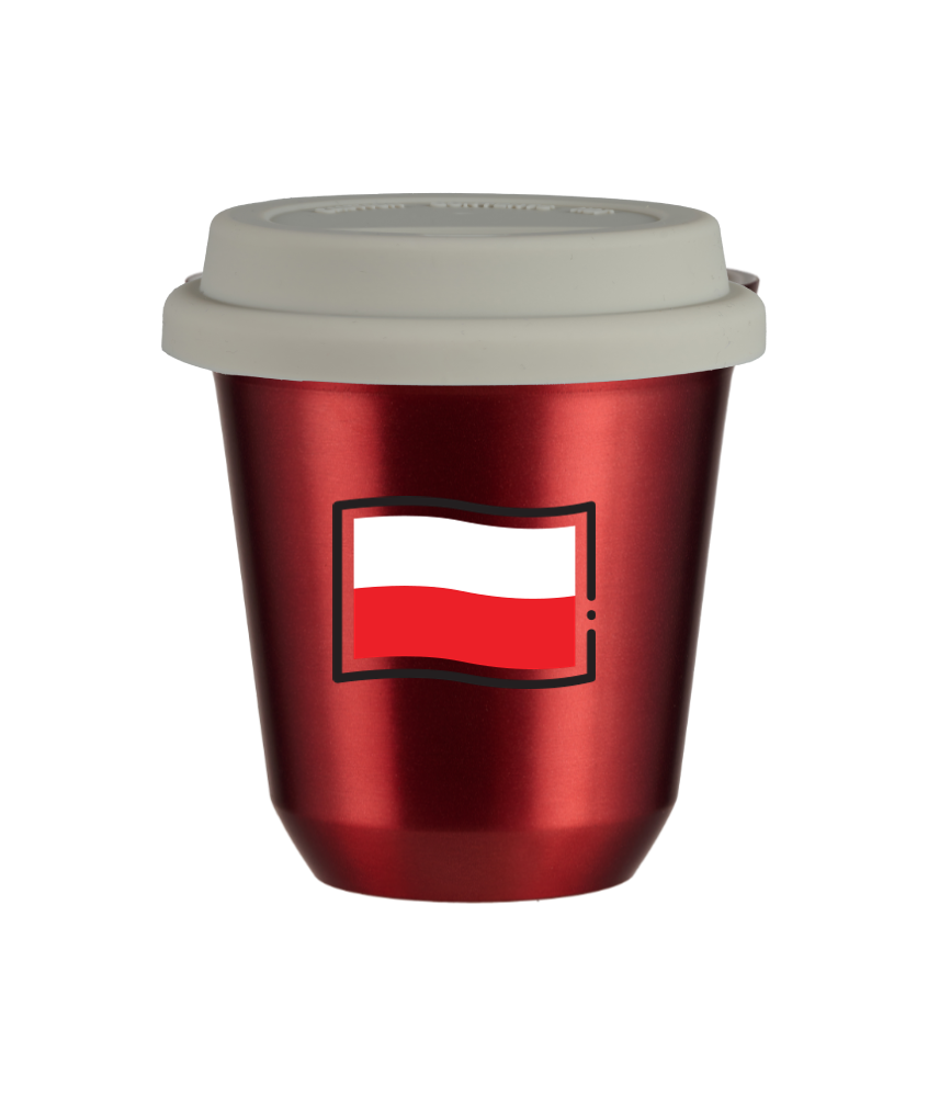 Tasse 150 ml ROUGE MÉTALLIQUE "Drapeau polonais (noir)", avec couvercle blanc