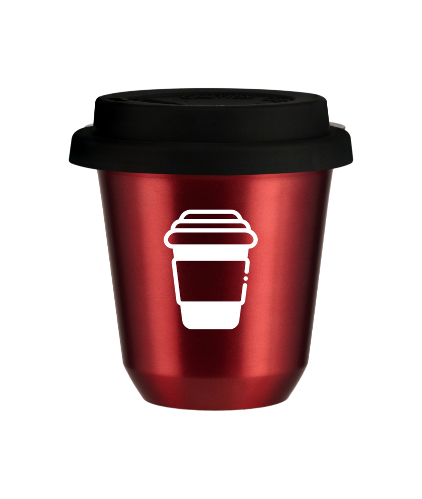 Tasse 150 ml ROUGE MÉTALLIQUE, avec couvercle noir Tasse 150 ml ROUGE MÉTALLIQUE, avec couvercle noir