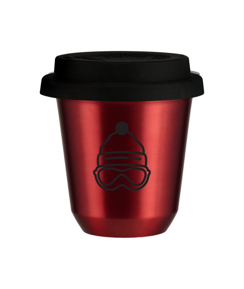 Tasse 150 ml ROUGE MÉTALLIQUE "Casquette (noir)", avec couvercle noir