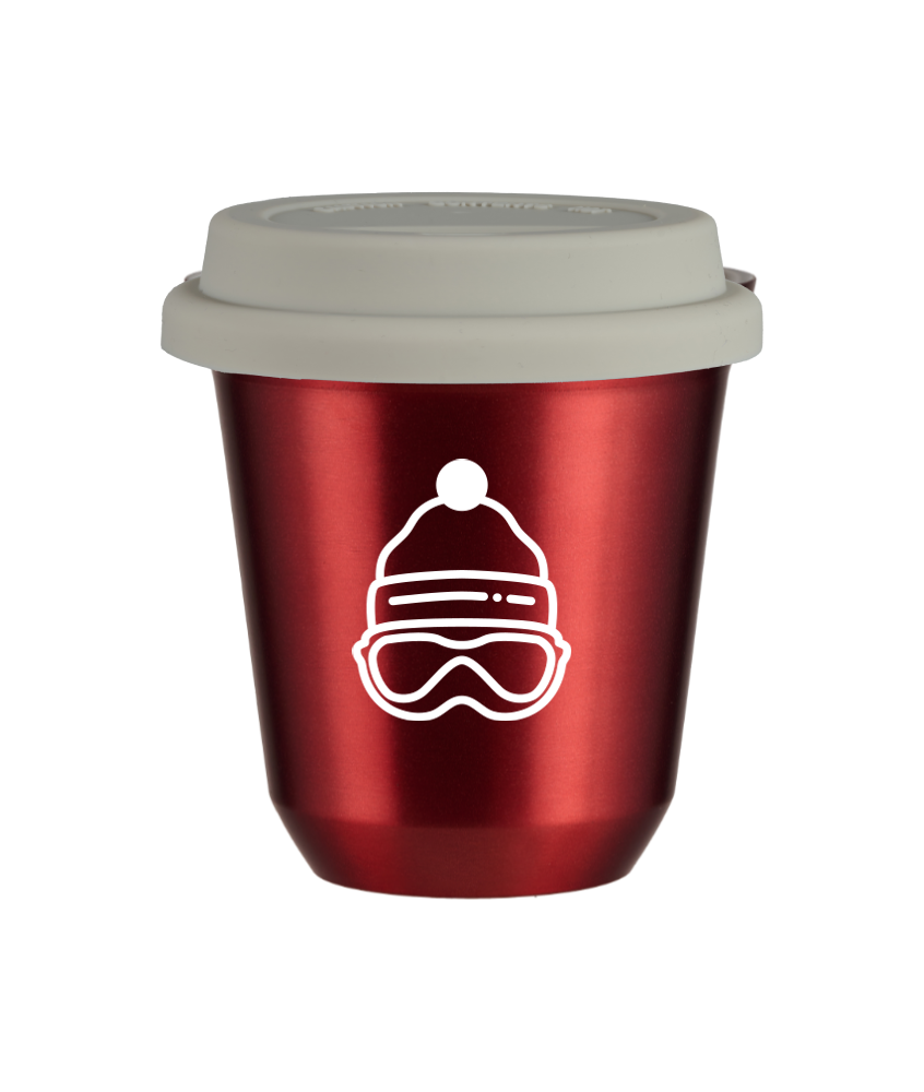 Tasse 150 ml ROUGE MÉTALLIQUE "Casquette (blanc)", avec couvercle blanc