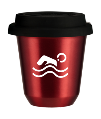 Tasse 150 ml ROUGE MÉTALLIQUE "Natation (blanc)", avec couvercle noir Tasse 150 ml ROUGE MÉTALLIQUE "Natation (blanc)", avec couvercle noir