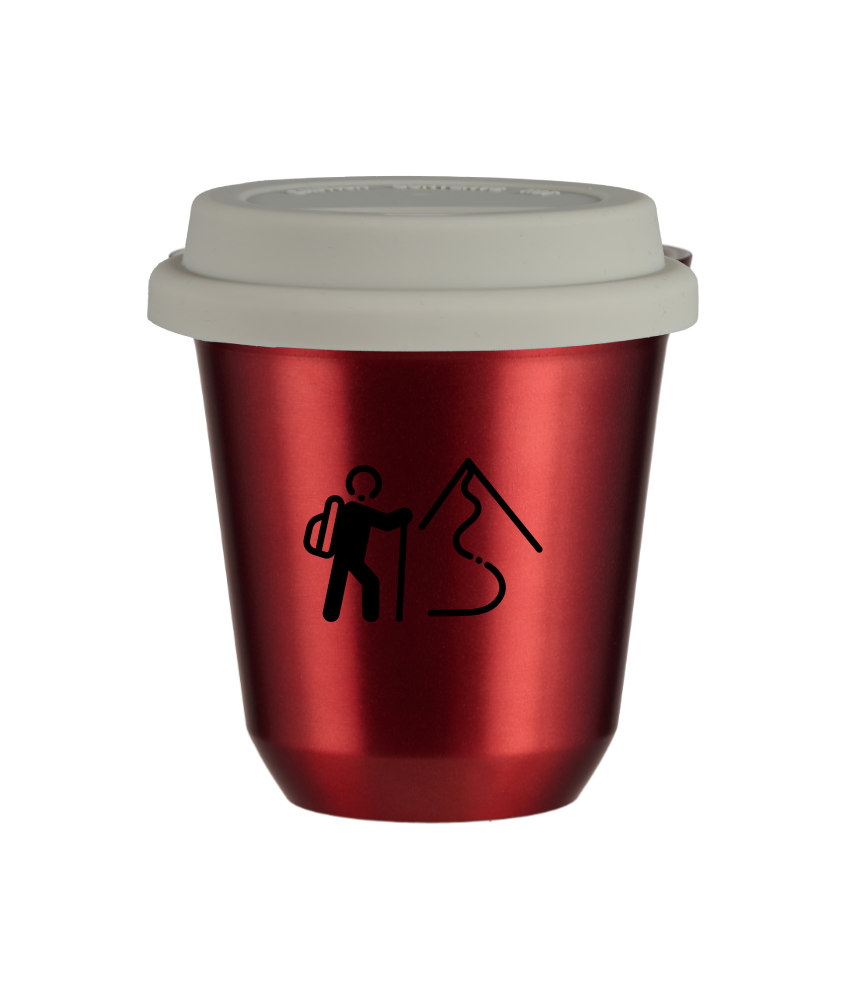Tasse 150 ml ROUGE MÉTALLIQUE "Escalade 2 (noir)", avec couvercle blanc