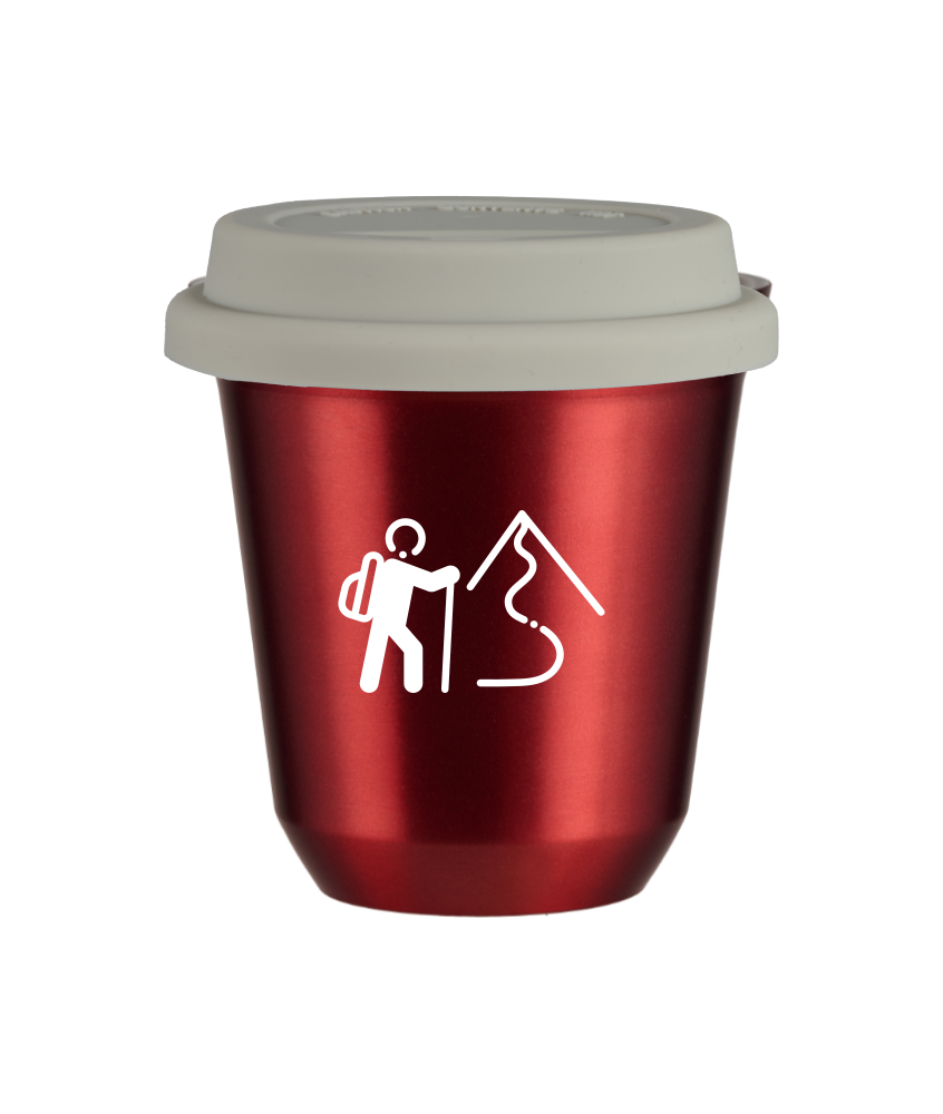 Tasse 150 ml ROUGE MÉTALLIQUE "Escalade 2 (blanc)", avec couvercle blanc