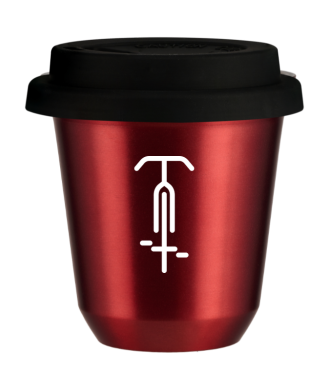 Tasse 150 ml ROUGE MÉTALLIQUE "Cyclisme 1 (blanc)", avec couvercle noir Tasse 150 ml ROUGE MÉTALLIQUE "Cyclisme 1 (blanc)", avec couvercle noir