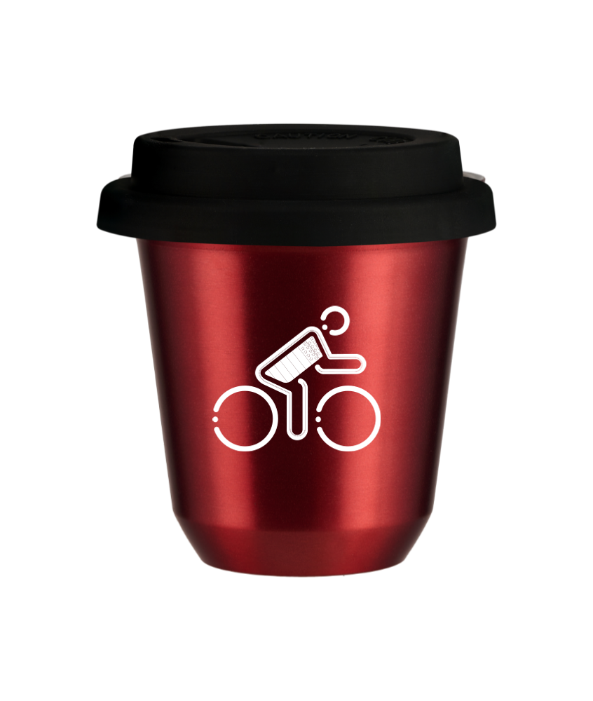 Tasse 150 ml ROUGE MÉTALLIQUE "Cycliste aux couleurs britanniques (blanc)", avec couvercle noir