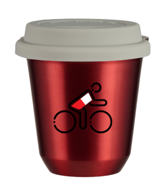 Tasse 150 ml ROUGE MÉTALLIQUE "Cycliste aux couleurs polonaises", avec couvercle blanc Tasse 150 ml ROUGE MÉTALLIQUE "Cycliste aux couleurs polonaises", avec couvercle blanc