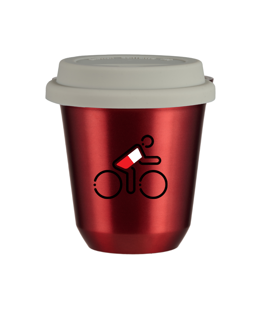 Tasse 150 ml ROUGE MÉTALLIQUE "Cycliste aux couleurs polonaises", avec couvercle blanc