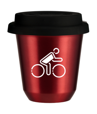 Tasse 150 ml ROUGE MÉTALLIQUE "Cycliste aux couleurs polonaises (blanc)", avec couvercle noir Tasse 150 ml ROUGE MÉTALLIQUE "Cycliste aux couleurs polonaises (blanc)", avec couvercle noir