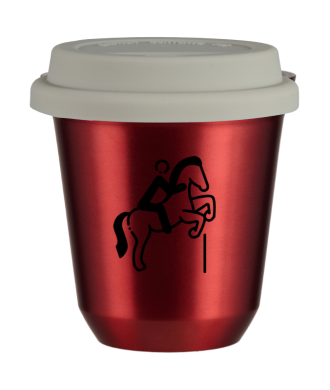 Tasse 150 ml ROUGE MÉTALLIQUE "Équitation 1 (noir)", avec couvercle blanc Tasse 150 ml ROUGE MÉTALLIQUE "Équitation 1 (noir)", avec couvercle blanc