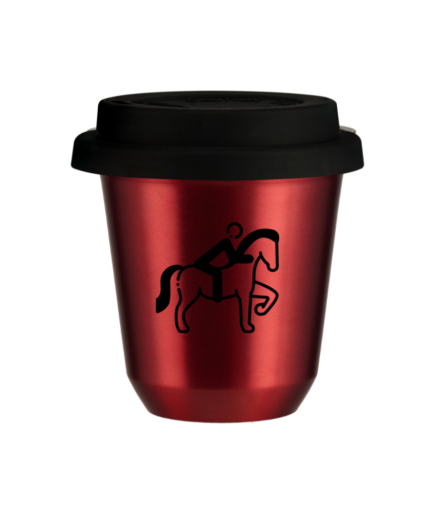 Tasse 150 ml ROUGE MÉTALLIQUE "Équitation 2 (noir)", avec couvercle noir