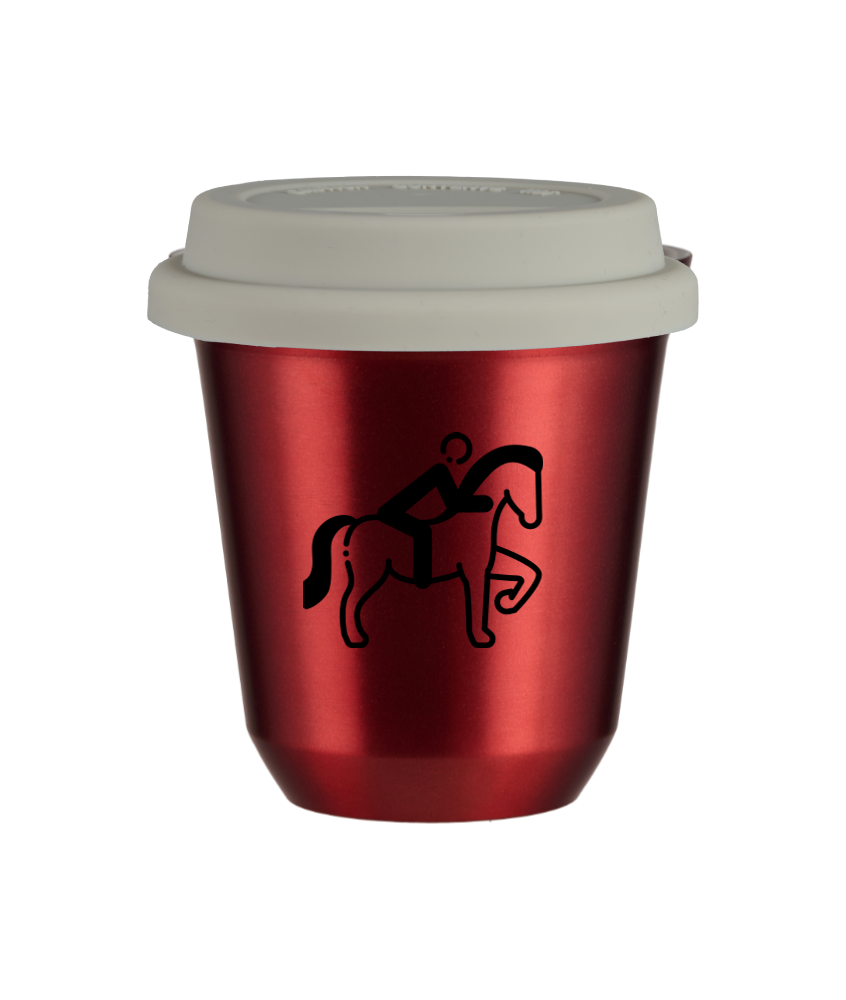 Tasse 150 ml ROUGE MÉTALLIQUE "Équitation 2 (noir)", avec couvercle blanc