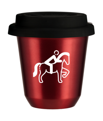 Tasse 150 ml ROUGE MÉTALLIQUE "Équitation 2 (blanc)", avec couvercle noir Tasse 150 ml ROUGE MÉTALLIQUE "Équitation 2 (blanc)", avec couvercle noir