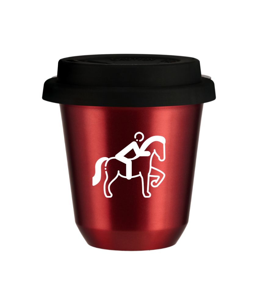Tasse 150 ml ROUGE MÉTALLIQUE "Équitation 2 (blanc)", avec couvercle noir