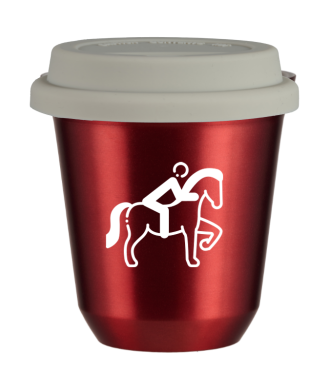 Tasse 150 ml ROUGE MÉTALLIQUE "Équitation 2 (blanc)", avec couvercle blanc Tasse 150 ml ROUGE MÉTALLIQUE "Équitation 2 (blanc)", avec couvercle blanc