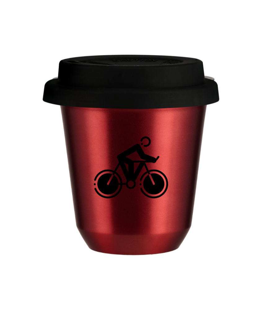 Tasse 150 ml ROUGE MÉTALLIQUE "Cyclisme 2", avec couvercle noir