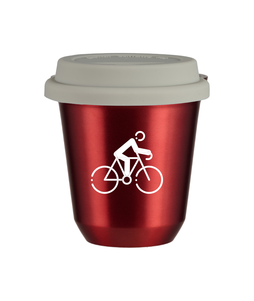 Tasse 150 ml ROUGE MÉTALLIQUE "Cyclisme 3 (blanc)", avec couvercle blanc