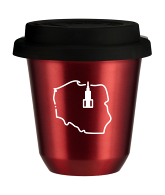 Tasse 150 ml ROUGE MÉTALLIQUE "Pologne (blanc)", avec couvercle noir Tasse 150 ml ROUGE MÉTALLIQUE "Pologne (blanc)", avec couvercle noir