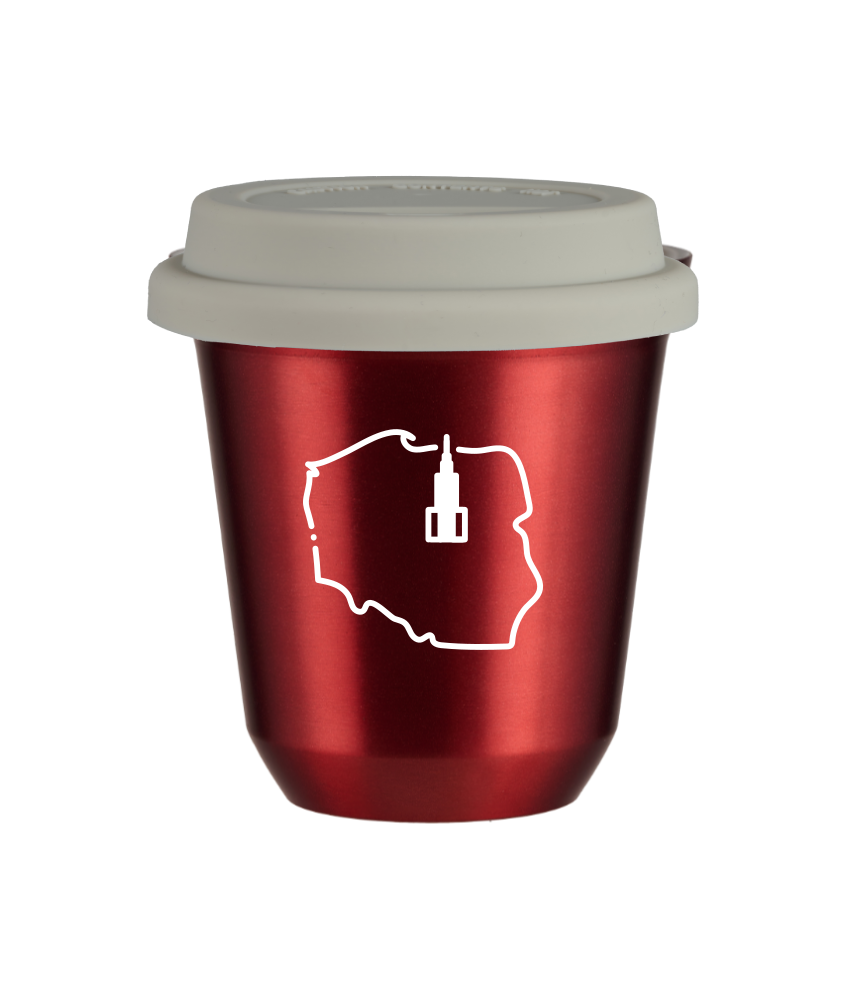 Tasse 150 ml ROUGE MÉTALLIQUE "Pologne (blanc)", avec couvercle blanc