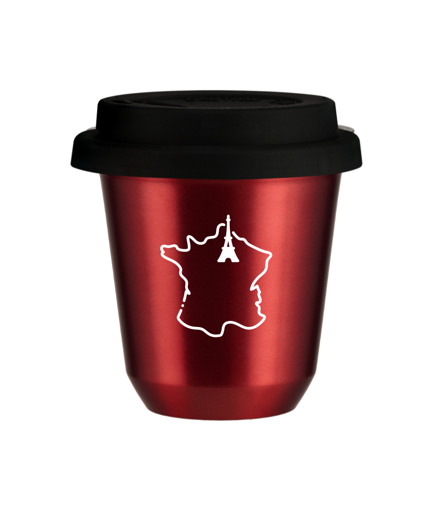 Tasse 150 ml ROUGE MÉTALLIQUE "France (blanc)", avec couvercle noir