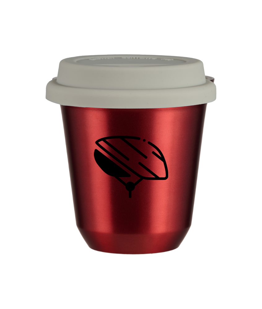 Tasse 150 ml ROUGE MÉTALLIQUE "Casque (noir)", avec couvercle blanc