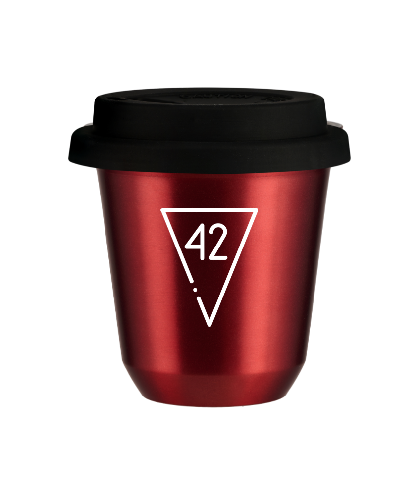 Tasse 150 ml ROUGE MÉTALLIQUE "42 (blanc)", avec couvercle noir